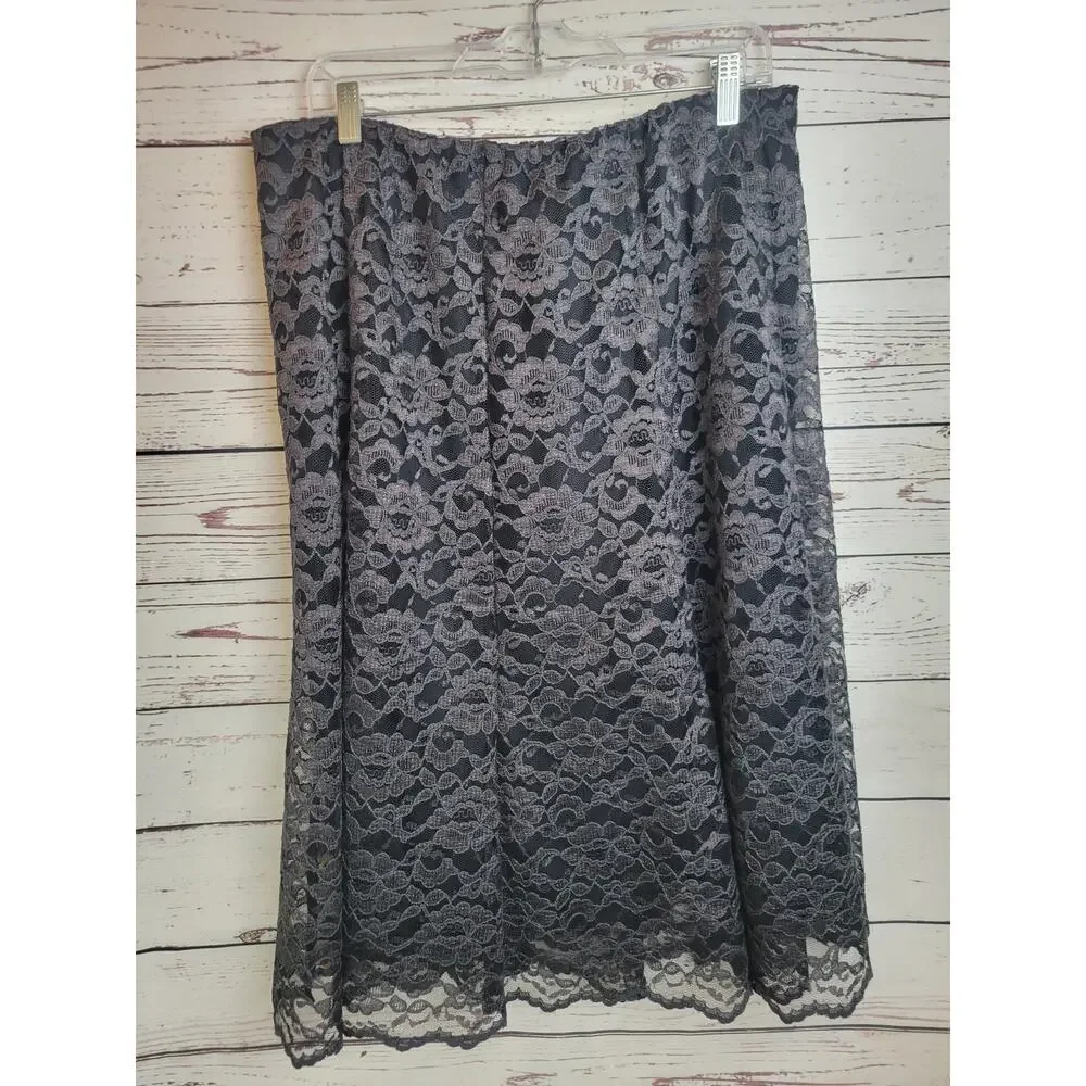 Vtg‎ Laura Ashley A-Line Skirt Black Floral Lace Overlay Casual Plus Size 16W